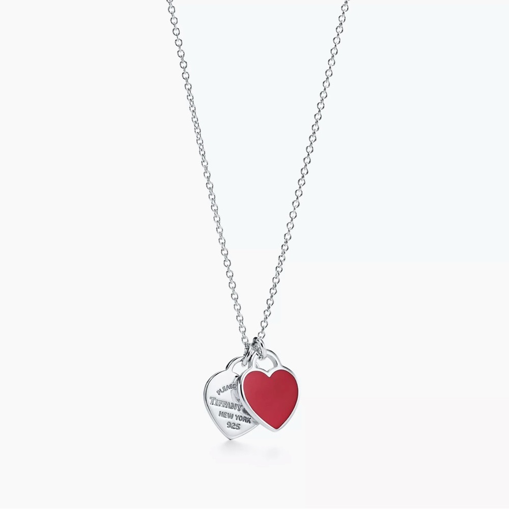 Tiffany Red Double Heart Tag Pendant in Silver with a Diamond, Small